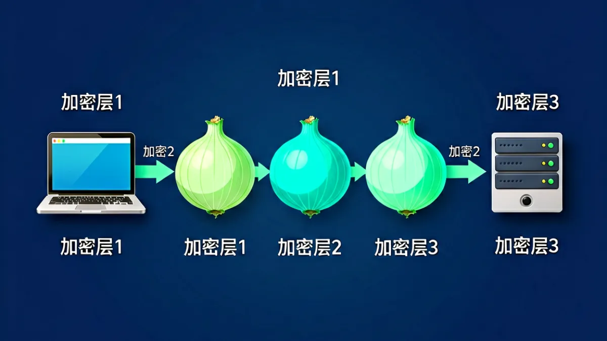 多层洋葱网络结构示意图，展示数据从客户端出发经过三个加密中转节点最终到达目标服务器的路径